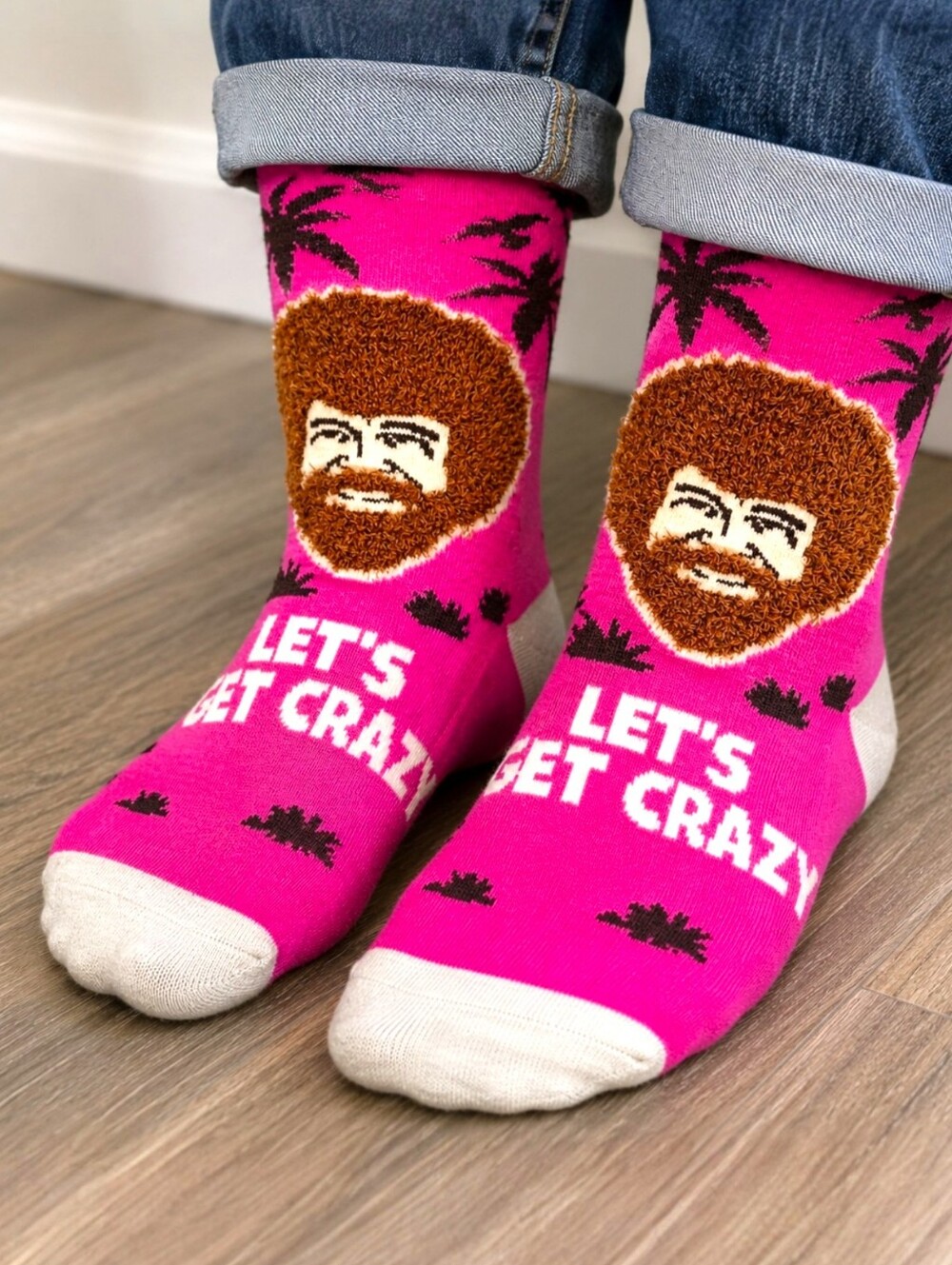 Bob Ross The Joy Of Painting Fuzzy Head Unisex Pink Novelty Crew Socks